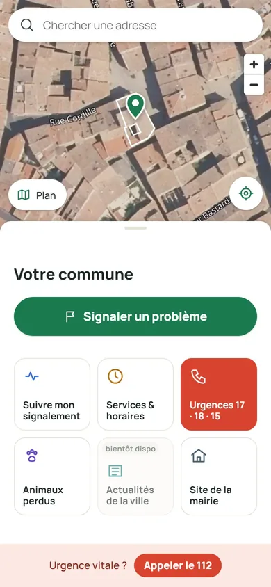 La page citoyenne sur un téléphone&nbsp;: la photo aérienne du quartier avec un immeuble choisi et souligné, le titre Votre commune, le bouton Signaler un problème et les services