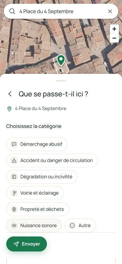 La feuille de signalement sur un téléphone : le choix de la catégorie du problème